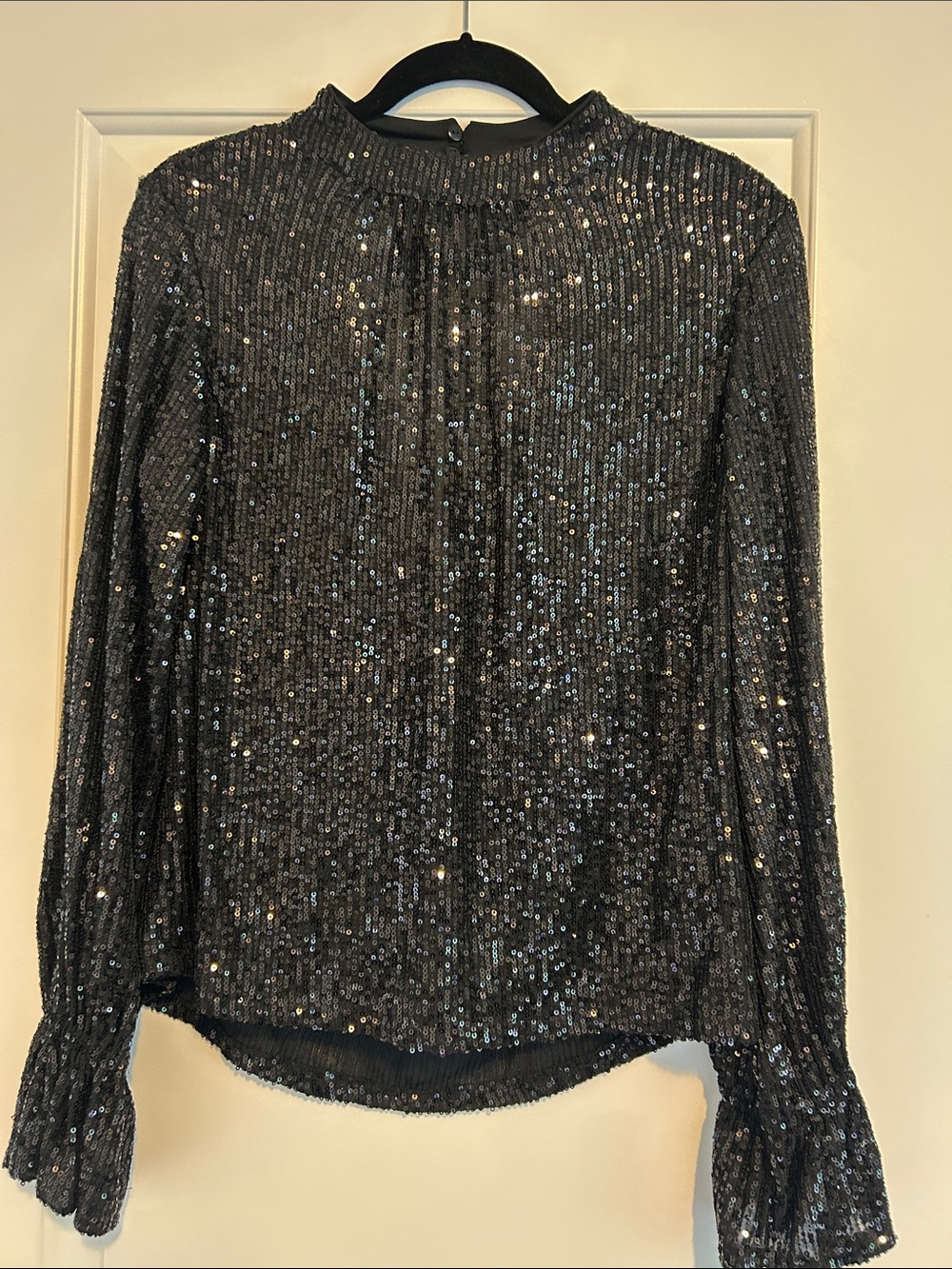 CeCe Black Sequin Long-Sleeve Mock Neck Blouse